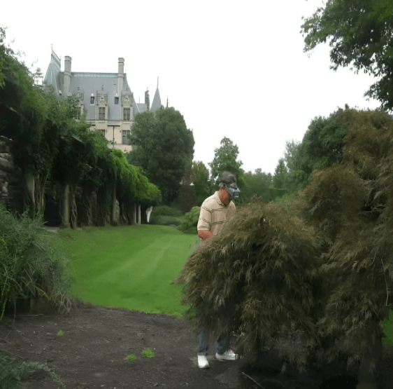 A person standing behind a bush working on the plants. 